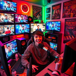 A vibrant and energetic scene of a YouTube streamer in their colorful gaming room, surrounded by multiple monitors displaying various live stream feeds