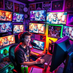 A vibrant and energetic scene of a YouTube streamer in their colorful gaming room, surrounded by multiple monitors displaying various live stream feeds
