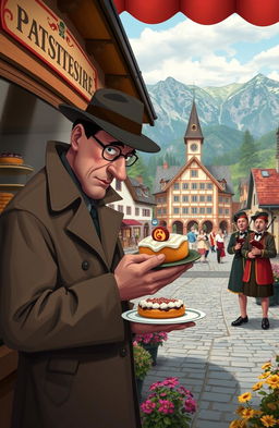 A whimsical yet darkly humorous detective story set in a picturesque traditional Austrian town, featuring a quaint patisserie with elaborate pastries displayed in the window