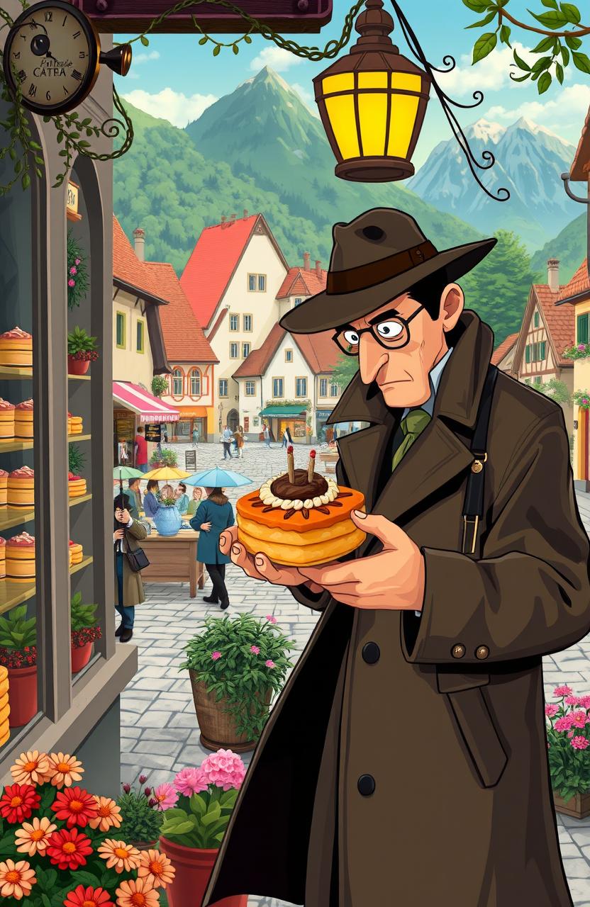 A whimsical yet darkly humorous detective story set in a picturesque traditional Austrian town, featuring a quaint patisserie with elaborate pastries displayed in the window