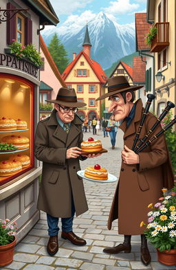 A whimsical yet darkly humorous detective story set in a picturesque traditional Austrian town, featuring a quaint patisserie with elaborate pastries displayed in the window