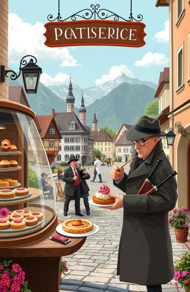 A whimsical yet darkly humorous detective story set in a picturesque traditional Austrian town, featuring a quaint patisserie with elaborate pastries displayed in the window