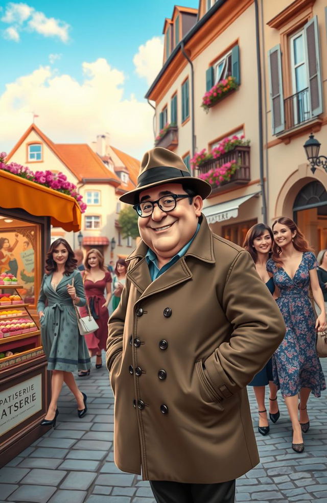 A charming scene in a picturesque Austrian town featuring a round, jovial detective with a slight belly, dressed in a classic trench coat and a fedora hat