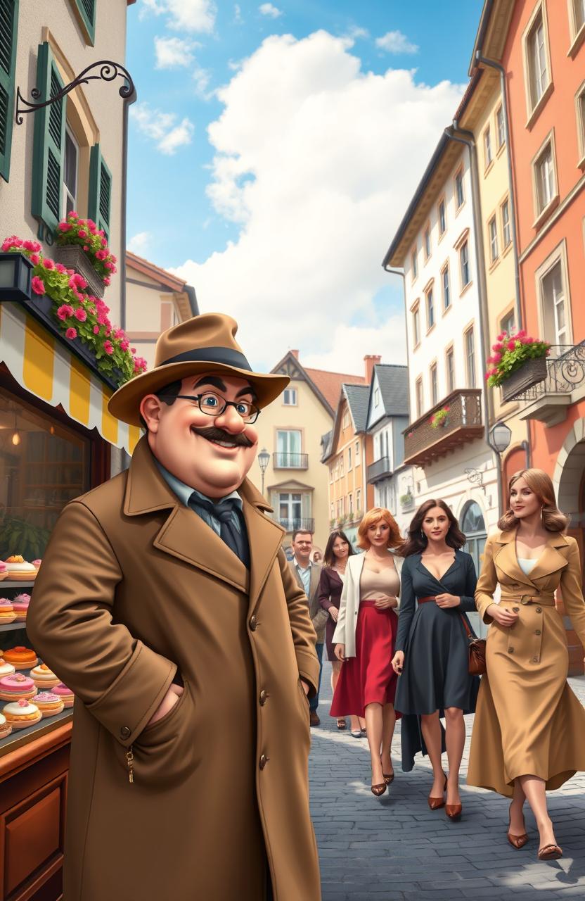 A charming scene in a picturesque Austrian town featuring a round, jovial detective with a slight belly, dressed in a classic trench coat and a fedora hat