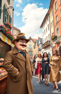 A charming scene in a picturesque Austrian town featuring a round, jovial detective with a slight belly, dressed in a classic trench coat and a fedora hat