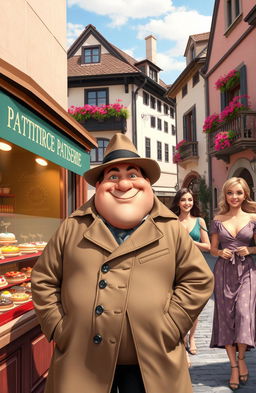 A charming scene in a picturesque Austrian town featuring a round, jovial detective with a slight belly, dressed in a classic trench coat and a fedora hat