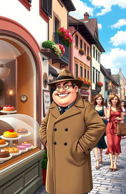 A charming scene in a picturesque Austrian town featuring a round, jovial detective with a slight belly, dressed in a classic trench coat and a fedora hat