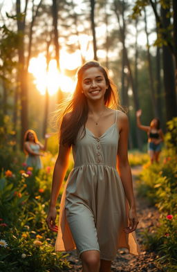A serene forest scene depicting Ana, a young woman with a joyful expression, walking away from a small celebration in nature