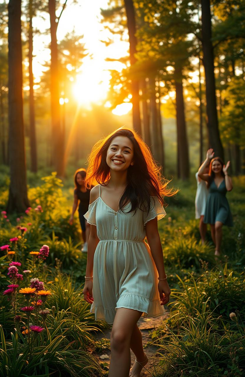 A serene forest scene depicting Ana, a young woman with a joyful expression, walking away from a small celebration in nature