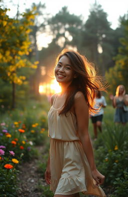 A serene forest scene depicting Ana, a young woman with a joyful expression, walking away from a small celebration in nature