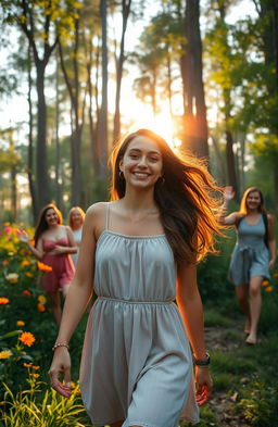 A serene forest scene depicting Ana, a young woman with a joyful expression, walking away from a small celebration in nature