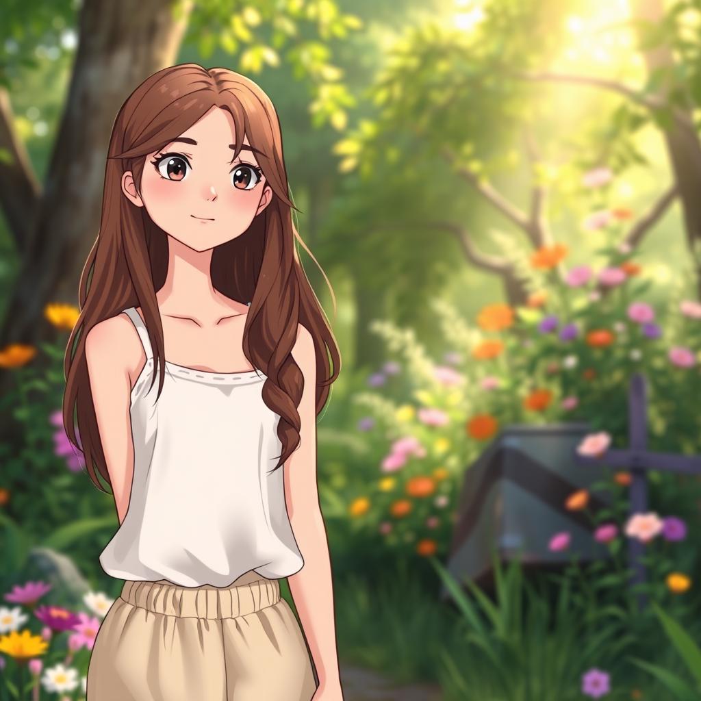 A serene scene depicting Ana, a teenage girl with long brown hair, standing in a beautiful natural setting after a celebration