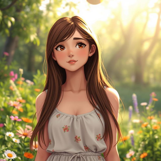 A serene scene depicting Ana, a teenage girl with long brown hair, standing in a beautiful natural setting after a celebration