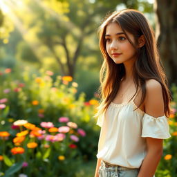 A serene scene depicting Ana, a teenage girl with long brown hair, standing in a beautiful natural setting after a celebration