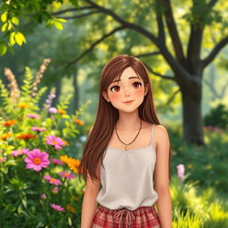 A serene scene depicting Ana, a teenage girl with long brown hair, standing in a beautiful natural setting after a celebration