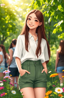 A serene outdoor scene depicting Ana, a teenage girl with long brown hair, wearing a white shirt and green shorts