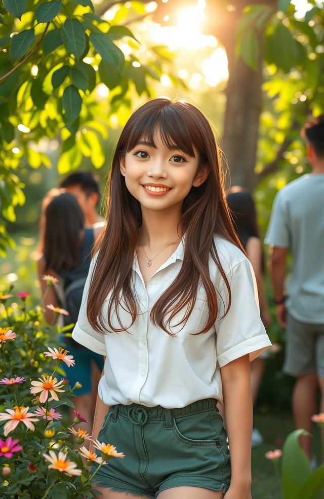 A serene outdoor scene depicting Ana, a teenage girl with long brown hair, wearing a white shirt and green shorts