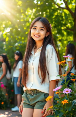 A serene outdoor scene depicting Ana, a teenage girl with long brown hair, wearing a white shirt and green shorts