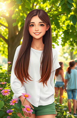 A serene outdoor scene depicting Ana, a teenage girl with long brown hair, wearing a white shirt and green shorts