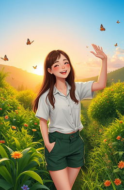 A serene and uplifting scene depicting a teenage girl named Ana, with long brown hair, wearing a white shirt and green shorts