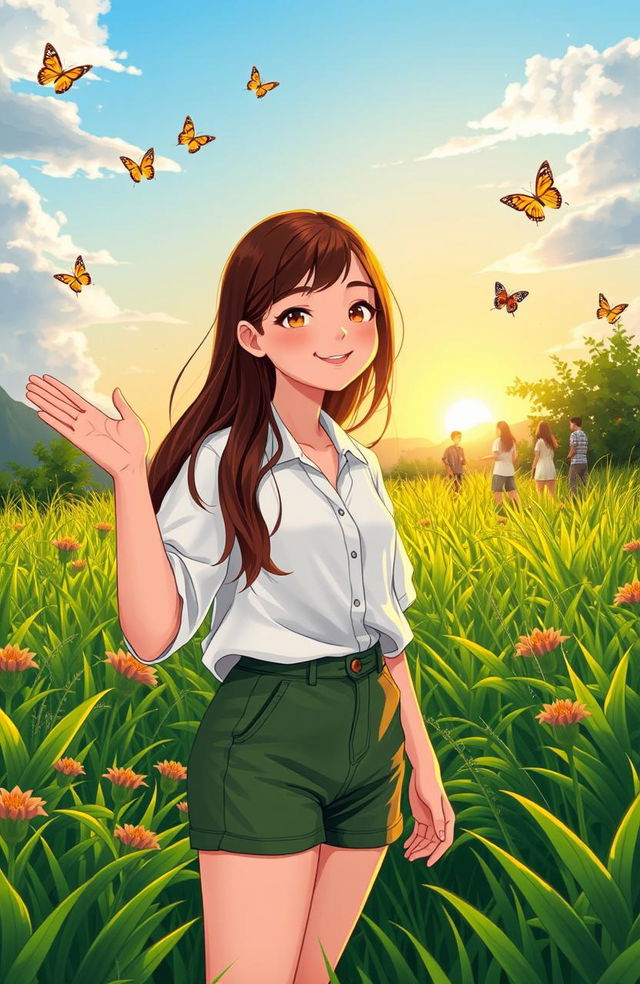 A serene and uplifting scene depicting a teenage girl named Ana, with long brown hair, wearing a white shirt and green shorts