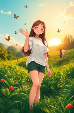 A serene and uplifting scene depicting a teenage girl named Ana, with long brown hair, wearing a white shirt and green shorts