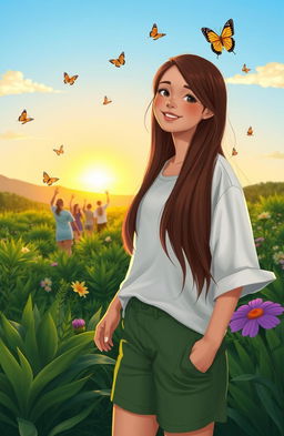 A serene and uplifting scene depicting a teenage girl named Ana, with long brown hair, wearing a white shirt and green shorts