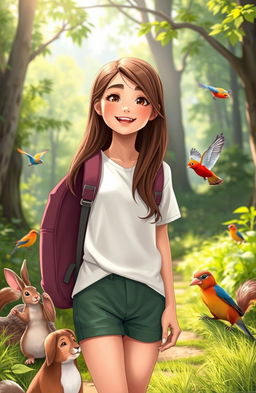 Ana, a teenage girl with long brown hair, wearing a white shirt and green shorts, smiles as she says goodbye to her animal friends after a celebration in nature
