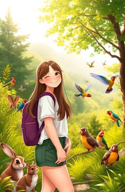 Ana, a teenage girl with long brown hair, wearing a white shirt and green shorts, smiles as she says goodbye to her animal friends after a celebration in nature