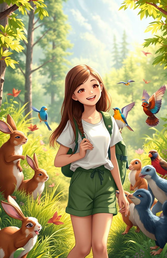 Ana, a teenage girl with long brown hair, wearing a white shirt and green shorts, smiles as she says goodbye to her animal friends after a celebration in nature