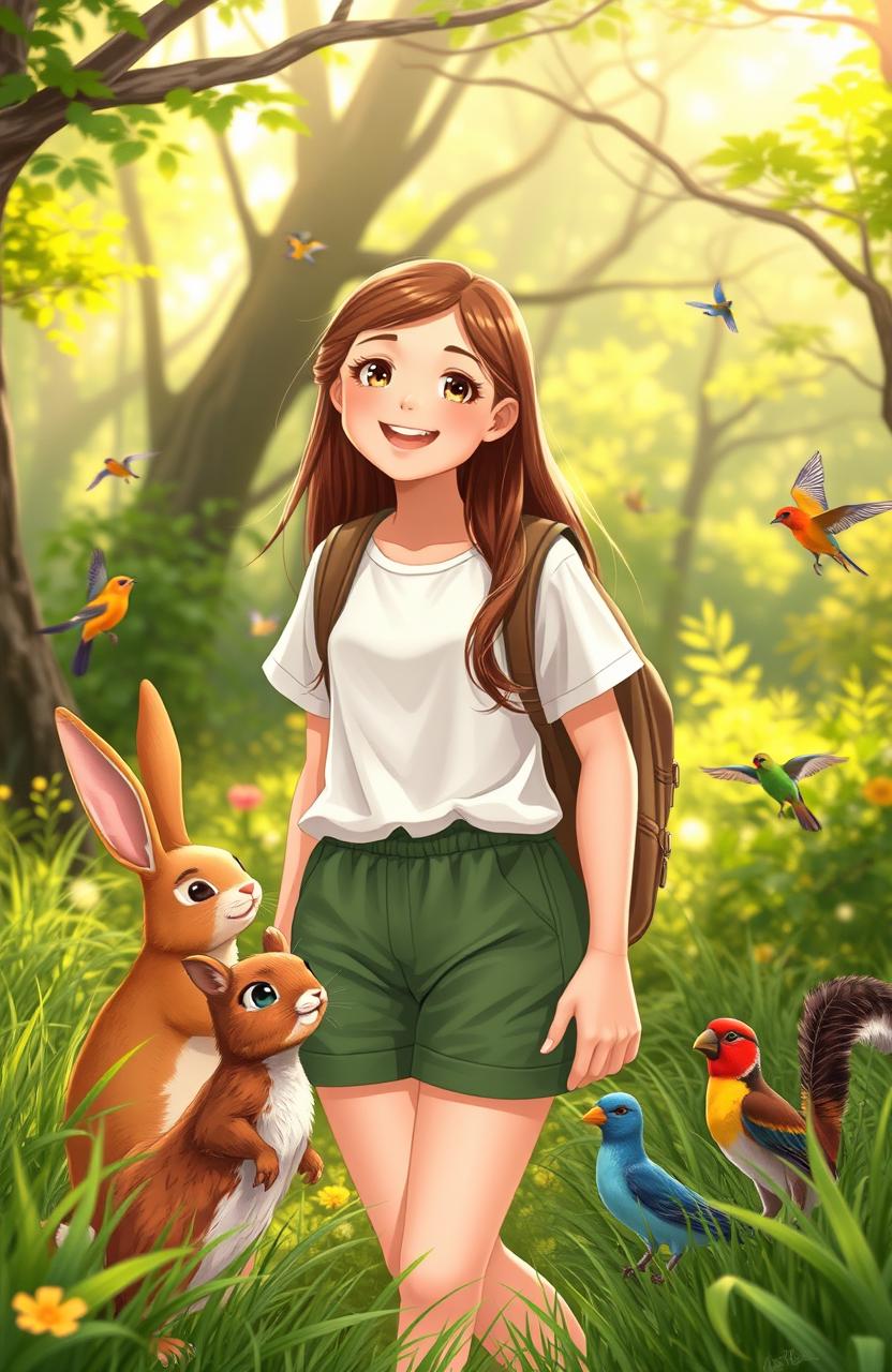 Ana, a teenage girl with long brown hair, wearing a white shirt and green shorts, smiles as she says goodbye to her animal friends after a celebration in nature