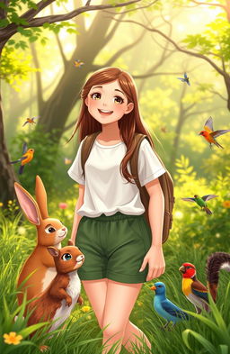 Ana, a teenage girl with long brown hair, wearing a white shirt and green shorts, smiles as she says goodbye to her animal friends after a celebration in nature