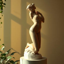 A stunning, artistic nude sculpture of a female figure posing gracefully on a pedestal, her body curvaceous and elegant, with soft shadowing that highlights her anatomy