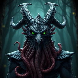 A powerful Black Dragonborn character standing tall, featuring striking green eyes that glimmer with intensity