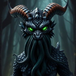 A powerful Black Dragonborn character standing tall, featuring striking green eyes that glimmer with intensity