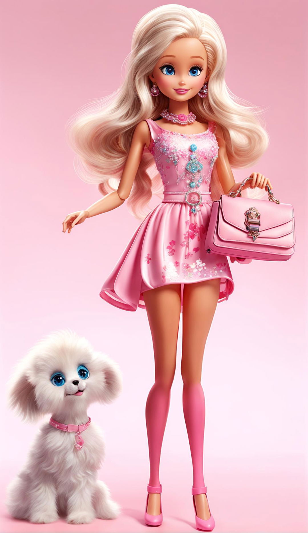 Digital art of Barbie in a pink dress with blonde hair, blue eyes, holding a handbag and petting a small white dog