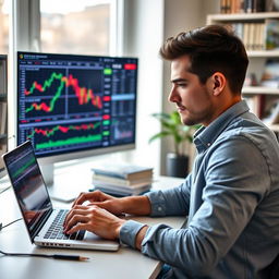 A focused man in his 30s, wearing casual attire, intently using a laptop to analyze forex market charts and graphs