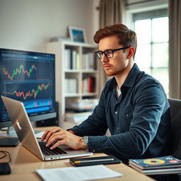 A focused man in his 30s, wearing casual attire, intently using a laptop to analyze forex market charts and graphs