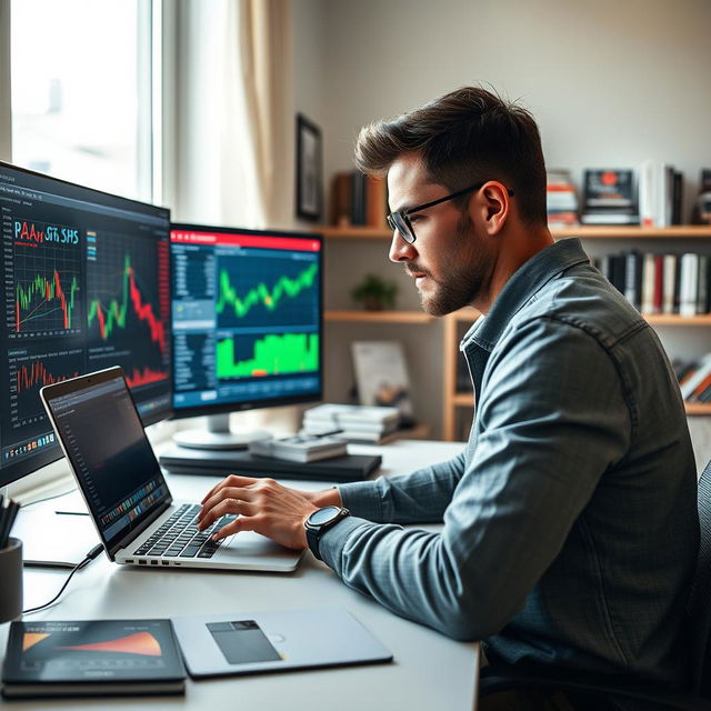 A focused man in his 30s, wearing casual attire, intently using a laptop to analyze forex market charts and graphs