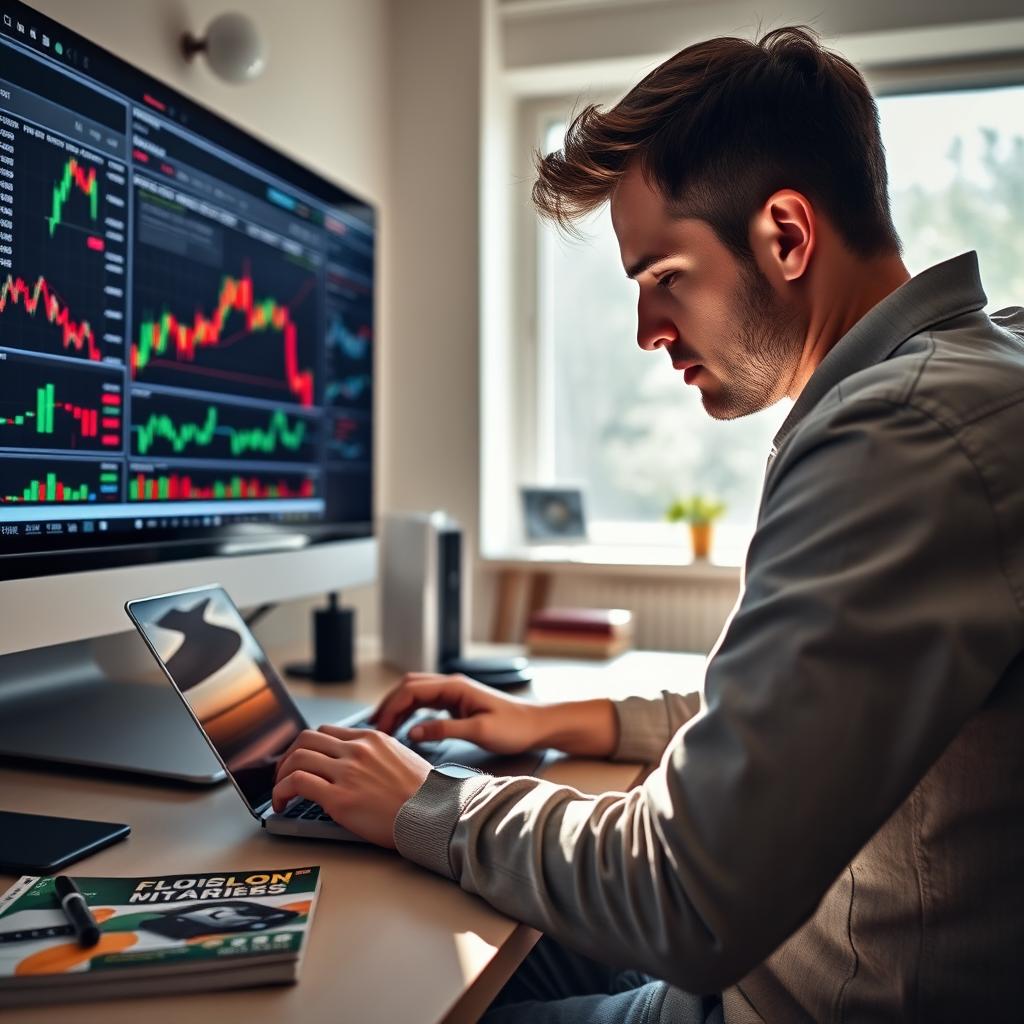 A focused man in his 30s, wearing casual attire, intently using a laptop to analyze forex market charts and graphs