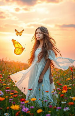 A serene and magical scene titled "El Encuentro con la Mariposa Dorada", featuring a young woman with flowing, long hair, standing in a vibrant, lush meadow filled with colorful wildflowers
