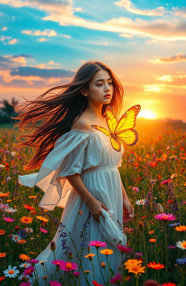 A serene and magical scene titled "El Encuentro con la Mariposa Dorada", featuring a young woman with flowing, long hair, standing in a vibrant, lush meadow filled with colorful wildflowers