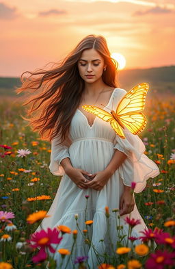 A serene and magical scene titled "El Encuentro con la Mariposa Dorada", featuring a young woman with flowing, long hair, standing in a vibrant, lush meadow filled with colorful wildflowers