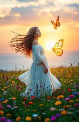 A serene and magical scene titled "El Encuentro con la Mariposa Dorada", featuring a young woman with flowing, long hair, standing in a vibrant, lush meadow filled with colorful wildflowers