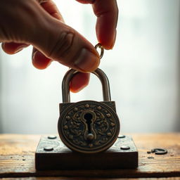 A close-up scene of a person skillfully opening a vintage lock with a key