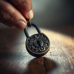 A close-up scene of a person skillfully opening a vintage lock with a key