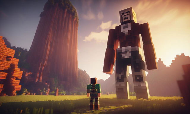 A cinematic photograph capturing a Titan from Attack on Titan entering the Minecraft universe, towering over the landscape with a Minecraft character standing in defiance