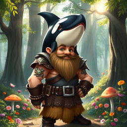 A whimsical portrait of a dwarf with the head of an orca, standing confidently in a magical forest