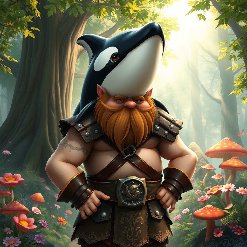 A whimsical portrait of a dwarf with the head of an orca, standing confidently in a magical forest