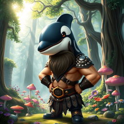 A whimsical portrait of a dwarf with the head of an orca, standing confidently in a magical forest